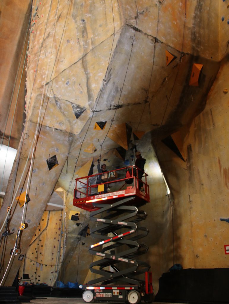 AS 2316 inspection of a roped climbing wall from a scissor lift