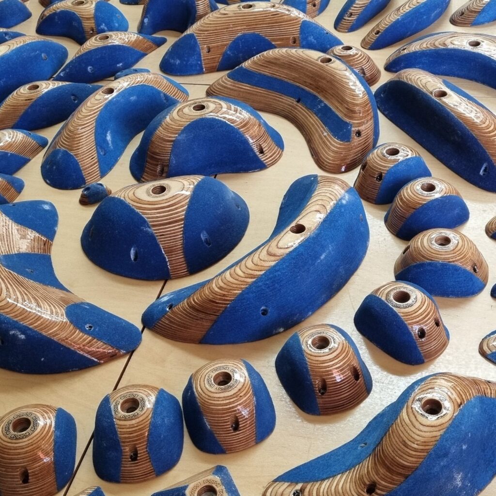 Druid Holds 17 Druid Holds dual texture wooden climbing holds with blue textured faces
